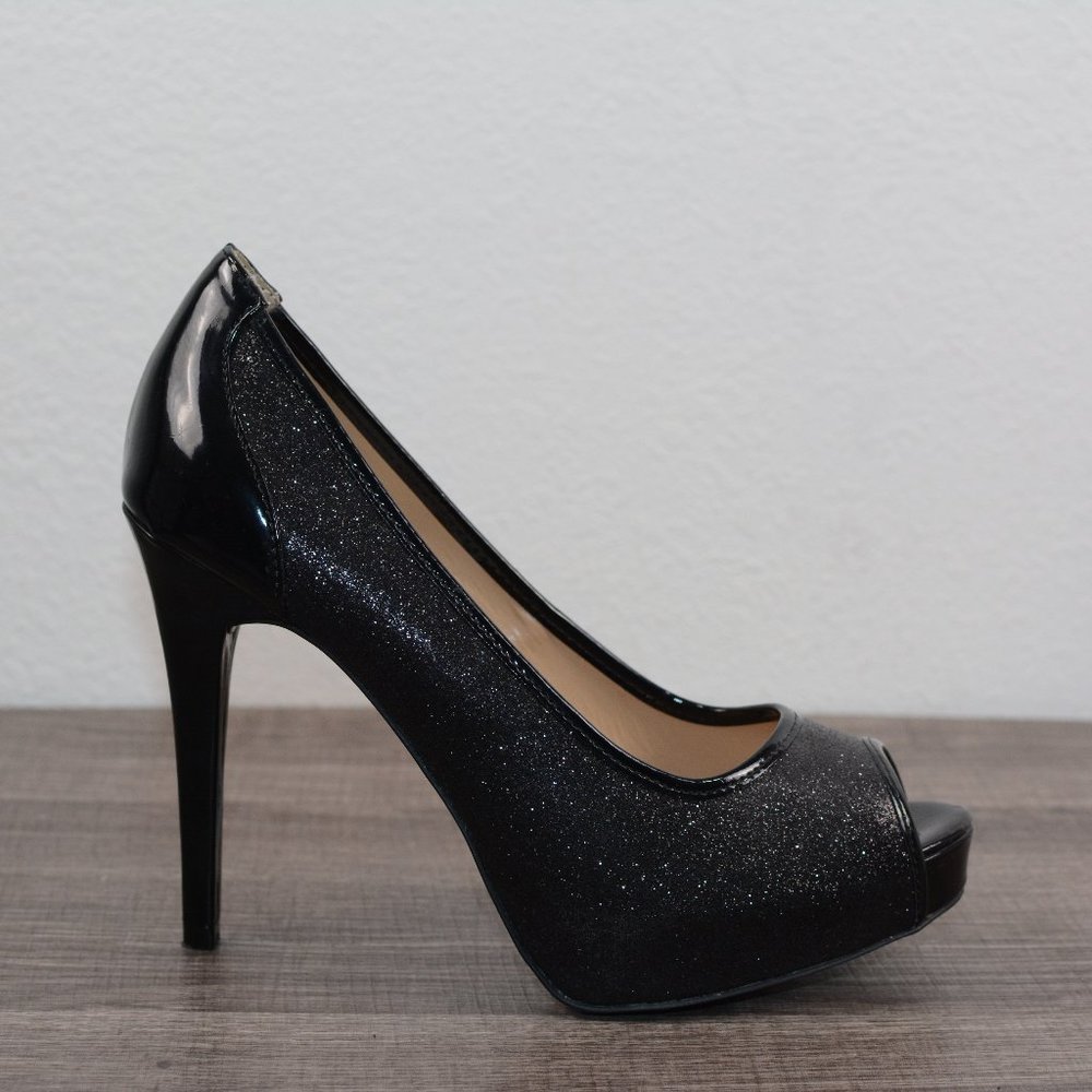 Guess Heels Size 8 Black Glitter Pumps Peep Toe Platform Stiletto Shoes